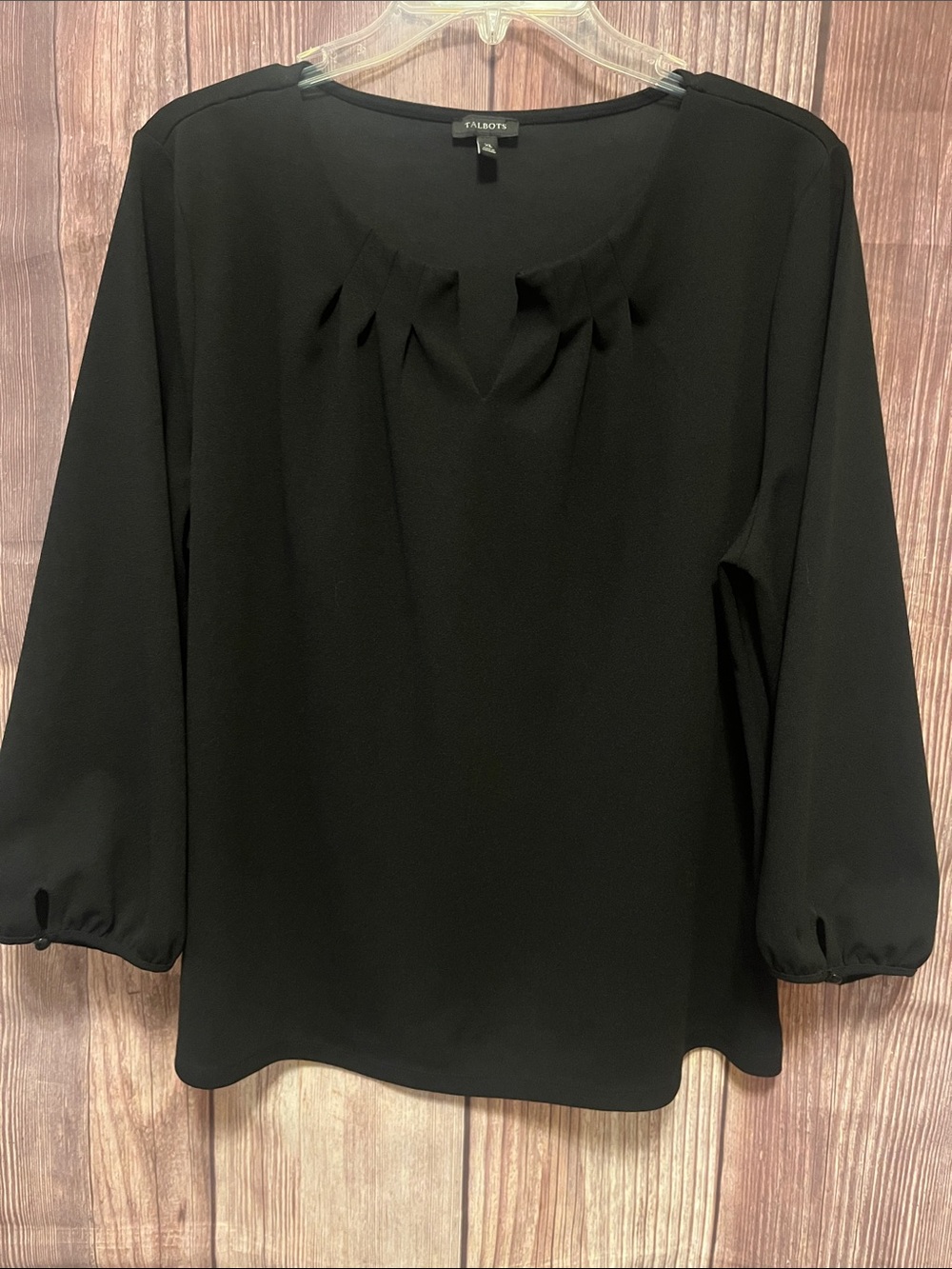 Talbots Black Pleated Neck 3/4 Sleeve Blouse